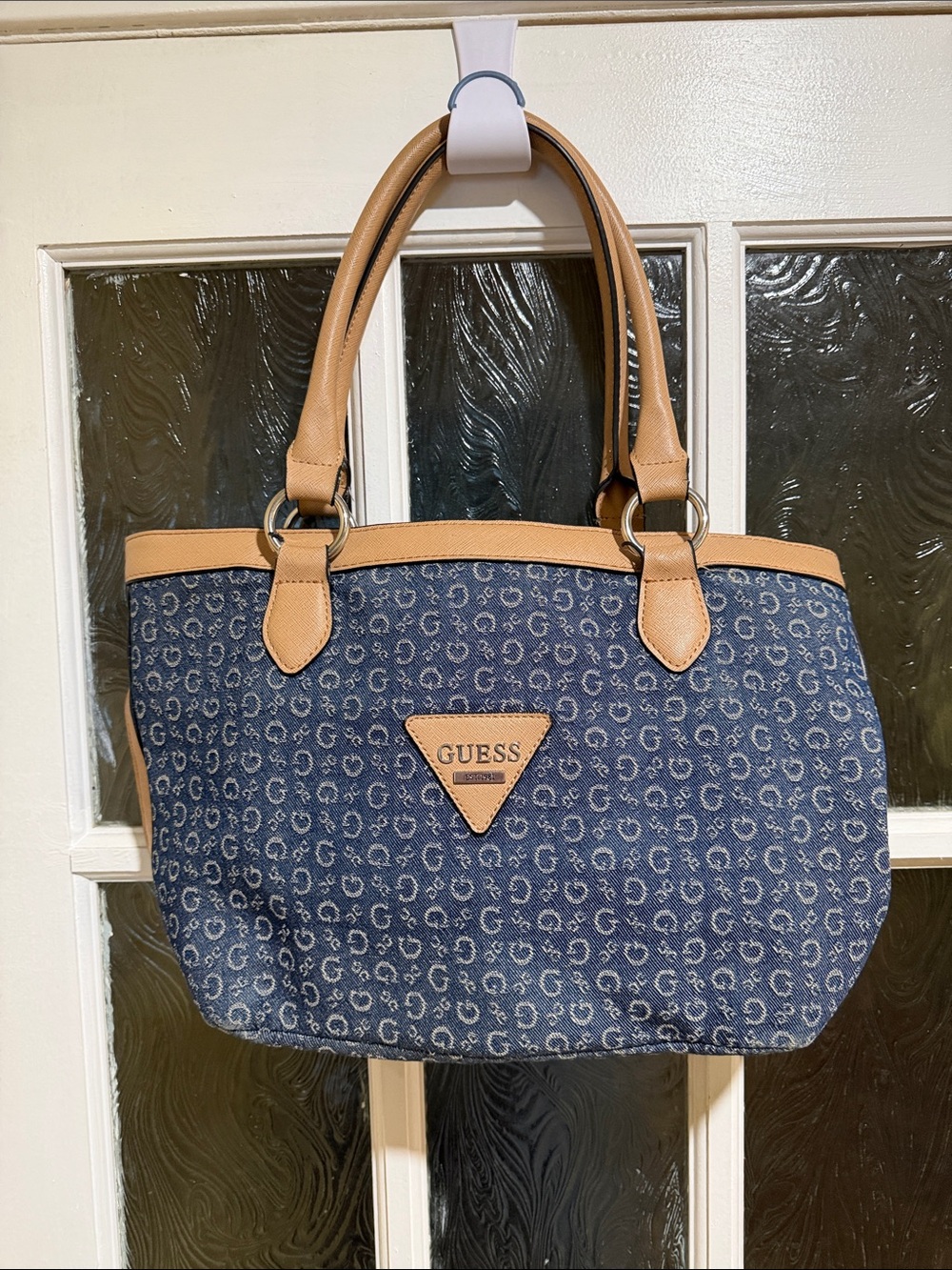 GUESS Blue Denim Tote with Tan Trim and Handles